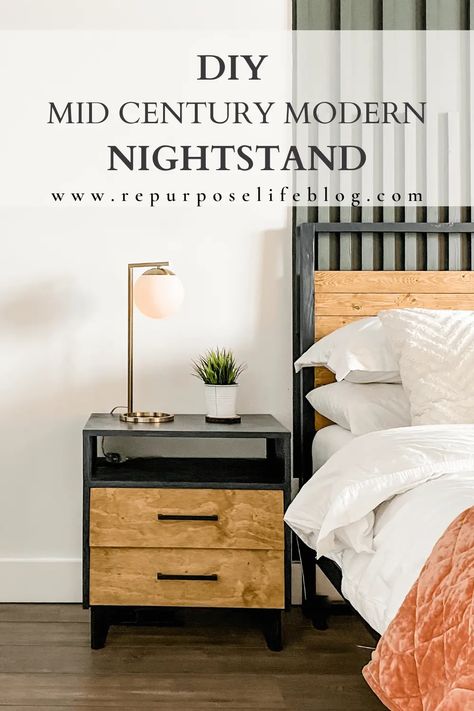 Build this DIY MCM Nightstand. Easy to follow, step-by-step tutorial. Lots of storage space and super sturdy. Looks great in any bedroom. Mcm Nightstand, Nightstand Diy, Diy Mid Century Modern, Nightstand Design, Diy Mid Century, Mid Century Modern Nightstand, Mid Century Nightstand, Diy Nightstand, Modern Nightstand