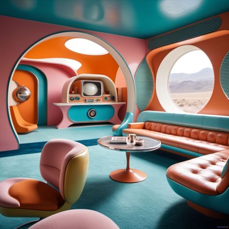 Spaceship Inspired Interior, Rounded Interior Design, Futuristic 60s Interior Design, Retro Futuristic Photoshoot, Futuristic Retro Interior, Retrofuture Interior, Retro Futurism Interior Design, Retro Futurism Interior, Futuristic Office Design