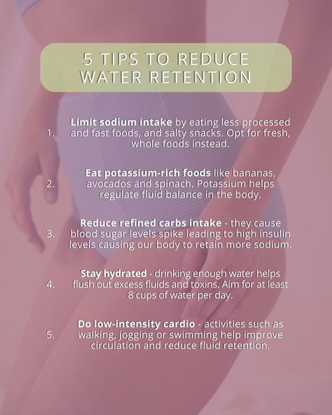 Water retention (also referred to as edema) is a the accumulation of excess fluid in the body's tissues. This causes puffiness and can affect your whole body.
Water retention can affect anyone, regardless of age, weight, gender, or fitness level. But, it can be reduced and managed through some lifestyle adjustments.
Swipe to check out our top 5 tips to reduce water retention and if you want to read about this in much more detail, check out our full blog post - follow the link in the post xx Stop Water Retention, How To Reduce Water Retention, Illness Remedies, Water Retention Causes, Rachael Attard, Low Intensity Cardio, Reduce Water Retention, Water Retention Remedies, Potassium Rich Foods