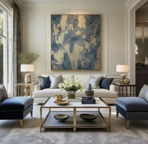 Blue Elegant Living Room, Navy Blue Formal Living Room, Classic French House Interior, Formal Sitting Room Ideas, Royal Blue Living Room Decor, Interior Design Family Room, Front Room Design, Formal Living Room Designs, Havenly Living Room