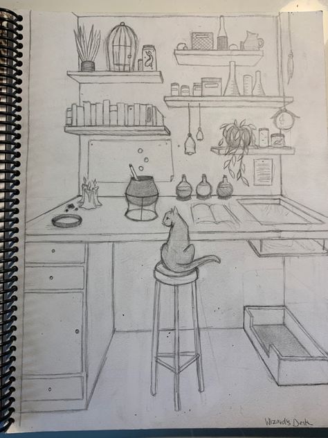 Terrwyn’s Desk How To Draw A Corner Of A Room, How To Draw A Desk, Desk Drawing Sketch, Room Drawing Reference, Desk Sketch, Shelf Drawing, Workshop Drawing, Desk Drawing, Table Sketch