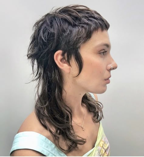 Shag Undercut Hair, Very Short Bangs Long Hair, Hairstyles For Shag Haircut, Queer Shag Haircut, "mixie" Haircut, Dreads With Bangs, Shag Mullet Haircut, Skullet Haircut, Shag Haircuts With Bangs