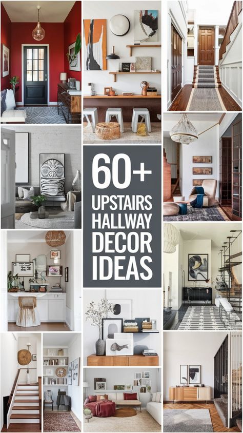 Don't overlook your hallway! These upstairs hallway decor ideas will help you turn an empty space into a stylish and inviting part of your home. From gallery walls to smart storage solutions, get inspired! 🎨🖼️ #HomeDecor #HallwayDecor #InteriorDesign #DecorIdeas #SmallSpaceDecor How To Decorate Upstairs Hallway, Upstairs Hallway Decor, Hallway Decorating Ideas, Hallway Decor Ideas, Modern Railing, Small Workspace, Stairs Ideas, Floating Desk, Creative Design Ideas