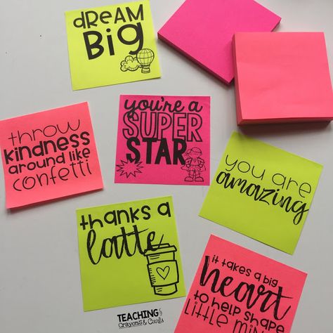 Spreading Kindness in the Classroom! - Teaching With Crayons and Curls Growth Mindset Notes, Encouragement Wall, Office Printables, Sticky Notes Quotes, Notes Quotes, Motivational Notes, Hbd Quotes, Creative Activities For Kids, Study Motivation Quotes