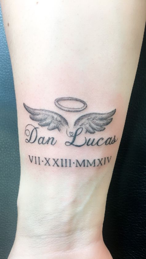 Memorial Tattoo With Handwriting, Angel Wings Name Tattoo, Angel Wings With Dates Tattoo, Name With Angel Wings Tattoo, Angel Wings With Name Tattoo, The Name Angel Tattoo, Angel Name Tattoo Fonts, Small Memorial Tattoos, Flight Tattoo