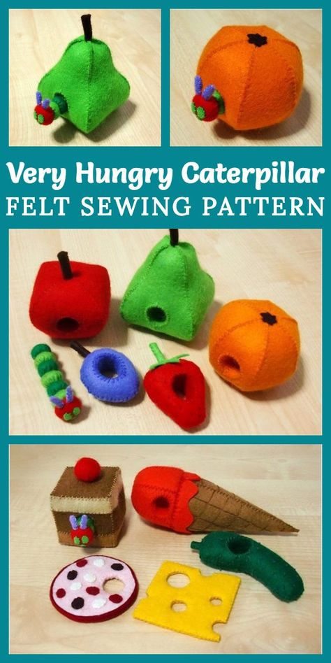 How awesome is this 3D Felt Very Hungry Caterpillar Set sewing pattern by FeltKreations? This is such cute sewing pattern for a gift for baby or toddlers. If you're going to read the book a million times, you may as well sew a set! #sewing #feltfood #veryhungrycaterpillar #sewingtoys #sewingforkids Hungry Caterpillar Felt Pattern, Crochet Hungry Caterpillar Pattern Free, Felt Caterpillar, Hungry Caterpillar Felt, Set Sewing Pattern, Hungry Caterpillar Craft, Felt Toys Patterns, Hand Sewing Projects, Felt Sewing