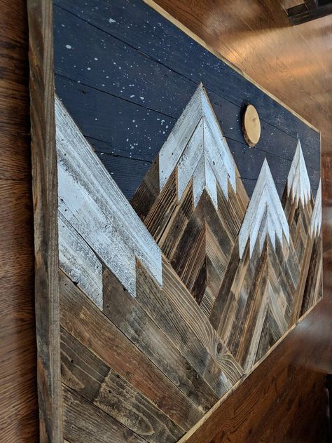 Handmade reclaimed wood snowcapped mountain peaks with night | Etsy Snowcapped Mountains, Mountain Wood Wall, Mountain Wood Art, Mountain Wood Wall Art, Night Sky Moon, Reclaimed Wood Wall Art, Reclaimed Wood Art, Deco Nature, Star Wall Art