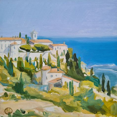 Italy Painting Easy Acrylic, South Of France Painting, Mediterranean Drawing, Cottage Art Painting, Gourdon France, Mediterranean Paintings, Camargue France, France Landscape, Loose Watercolor Paintings