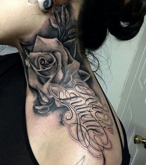 Women's Neck Tattoos, Women’s Neck Tattoo Ideas, Women Neck Tattoo Ideas Side, Neck To Shoulder Tattoo, Big Neck Tattoos Women, Neck Tattoo Cover Up, Neck Tattoo Women, Black And Grey Rose Tattoo, Rose Neck Tattoo