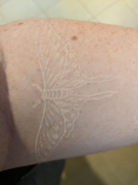 White Ink Moth Tattoo, White Ink Back Tattoo, Healed White Ink Tattoo, Healed White Tattoo, White Tattoo Healed, White Moth Tattoo, White Ink Tattoos Healed, Brown Ink Tattoo, Small White Tattoos