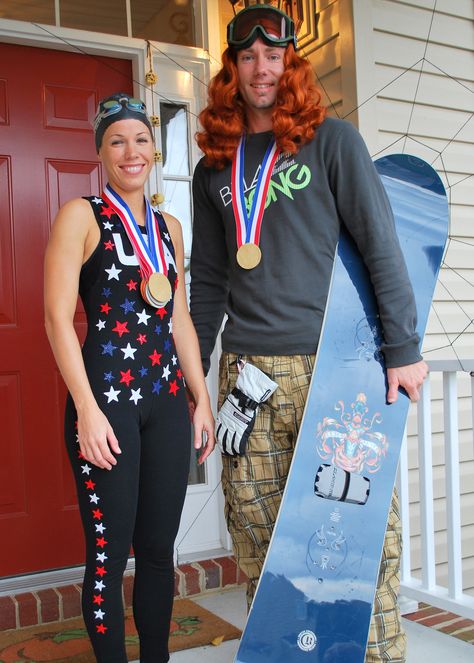 Our 2009 Costumes- US Olympians Natalie Coughlin & Shawn White  #halloween #costume Olympics Party Outfit, Olympian Costume, Olympics Outfits Costume Ideas, Olympic Athlete Costume, Olympic Costumes Ideas, Olympic Halloween Costume, Usa Beer Olympics Outfit, Olympic Outfits, Olympic Outfits Costume