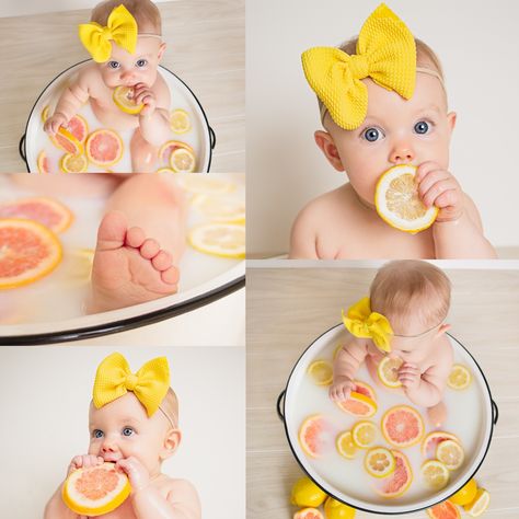 Baby milk bath photography with grapefruits and lemons. Milkbath Baby Photoshoot, Citrus Milk Bath, Lemon Milk Bath, Bath Photos, Baby Milk Bath, Milk Bath Photos, Milk Baths, 6 Month Baby Picture Ideas, Bath Pictures