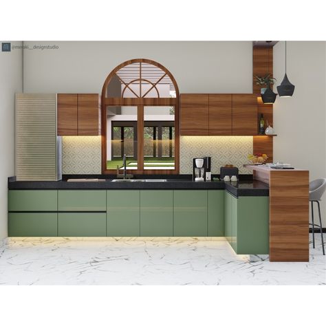 High gloss finished Hazel Green colour cabinets and warm tone of wooden upper cabinets give the space a sophisticated flourish. . Project name: Modular Kitchen for Mr. Hemant Kumar Location: Churu, Rajasthan . Save it for later and Follow @meraki__designstudio for design solutions in architecture, interior, graphics and animation. Green Colour Kitchen Cabinet, Green Modular Kitchen, Kitchen Laminates Design, Blue Kitchen Accents, Hemant Kumar, Kitchen Laminate, Laminate Design, Kitchen Remodeling Ideas, Kitchen Colour Combination