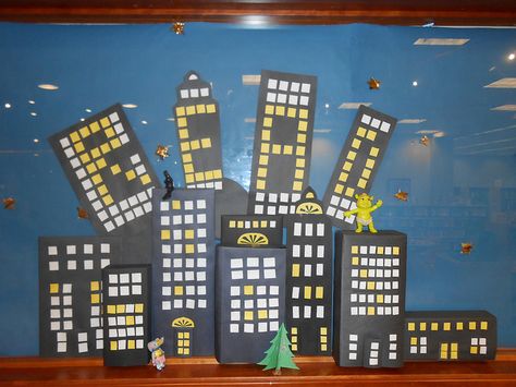 "READ" Bulletin Board display. #MedinaLibrary #Displays #READ Nyc Theme Bulletin Board, Buildings Bulletin Board Ideas, New York Bulletin Board, City Classroom Theme, Adventure Library Display, Disney Themed Reading Bulletin Board, Daycare Bulletin Boards, Creative Bulletin Boards, Reading City