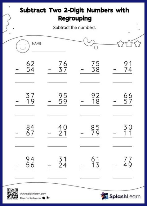 Subtract Two 2-Digit Numbers with Regrouping: Vertical Subtraction - Math Worksheets - SplashLearn Subtraction With Regrouping Worksheets, Math Subtraction Worksheets, Regrouping Subtraction, Decimals Worksheets, Numbers Worksheets, Math Subtraction, Adding And Subtracting Fractions, Subtraction Activities, Kindergarten Reading Worksheets