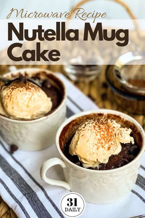 This decadently delicious Nutella Mug Cake microwave recipe is 2 minutes in the making. A simply perfect sweet treat with ingredients you likely have on hand. Airfryer Baking, Easy Chocolate Mug Cake, Single Serve Dessert Recipes, Cake Microwave, Mugcake Recipe, Microwave Recipe, Nutella Mug Cake, Chocolate Chip Mug Cake, 31 Daily