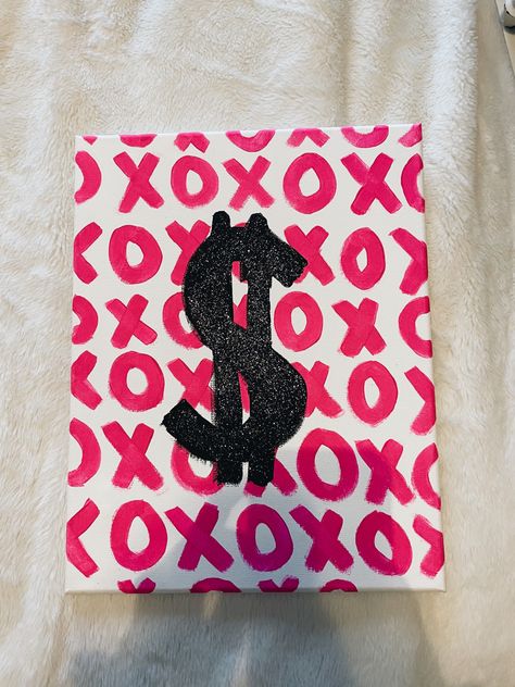 Xoxo Preppy Painting, Xoxo Drawing, Girly Paintings On Canvas Easy, Xoxo Painting, Canvas Painting Patterns, Cavas Art, Preppy Art, Pink Canvas Art, Girl Drawing Sketches