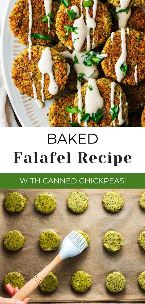 Craving a delicious and healthy Middle Eastern dish? You need to try this easy baked falafel recipe using canned chickpeas! These crispy and flavourful falafels are made with simple ingredients like canned chickpeas, fresh herbs, and spices, and they're baked instead of fried for a healthier twist. Perfect for a vegan wrap, pita sandwich, or salad topping, these oven-baked falafels are a great source of protein and can be made in 30 minutes. Try quick and easy baked falafels today! Airfry Falafel Recipe, Easy Vegan Falafel Recipe, Easy Baked Falafel, Simple Falafel Recipe, Easy Falafel Recipe Baked, Baked Falafel Recipe Canned Chickpeas, Falafel Recipe Vegan, Easy Falafel Recipe Canned Chickpeas, Home Made Falafel Recipes