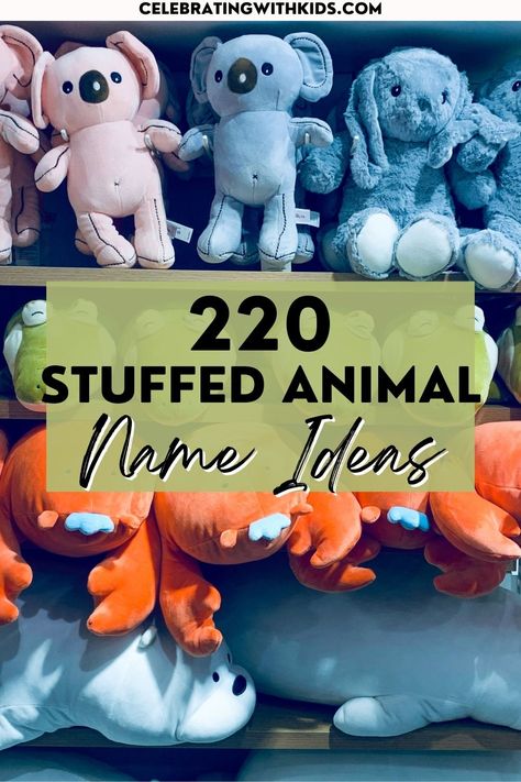 220 stuffed animal name ideas by animal type and color to inspire you! Cute Stuffed Animals Names, Plush Name Ideas, Cute Names For Stuffed Animals, Stuffed Animal Names Ideas, Plushie Name Ideas, Animal Name Ideas, Teddy Bear Names Ideas, Stuffed Animal Names, Black Stuffed Animal