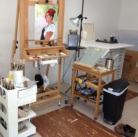 Oil painting area Studio At Home, Small Art Studio, Studio Apartment Design, Workspace Desk, Art Studio Organization, Christopher Guy, Art Studio Design, Studio Desk, Work Space Organization