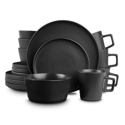 Black Dishes, Black Dinnerware Set, Grey Dinnerware, Black Dinnerware, Dishware Sets, Fusion Restaurant, Stoneware Dinnerware Sets, Stoneware Dishes, Stoneware Dinnerware