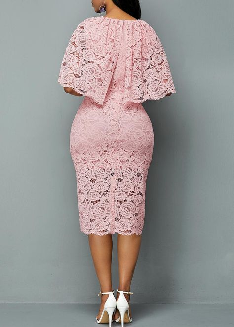 Light Pink Half Sleeve Overlay Embellished Lace Dress | Rosewe.com - USD $35.01 Pink Overlay, Lace Dress Outfit, Lace Cutout Dress, Lace Pencil Dress, Lace Dress Styles, African Lace Dresses, Lace Pink Dress, Lace Dress With Sleeves, Classy Dress Outfits