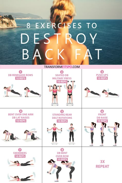 #womensworkout #femalefitness #backfat #destroyfat   Here are 8 great exercises to get rid of that stubborn back fat.  Go through the circuit 3 times for a real burn! Fitness Before After, Lower Back Fat, Exercises For Back, Workout Morning, Workout Fat Burning, Back Fat Workout, Muscle Abdominal, Back Fat, Love Handles