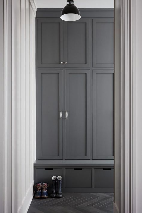 Dark Gray Cabinets, Transitional Laundry Room, Armoire Entree, Mudroom Cabinets, Mudroom Flooring, Mud Room Entry, Mudroom Lockers, Mudroom Organization, Mudroom Decor