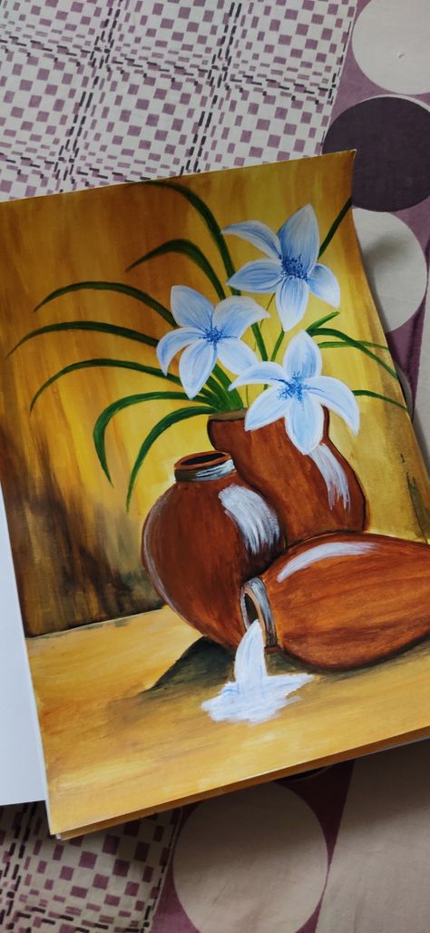 Brown pot with yello background and white blue flowers Flower Drawing Poster Colour, Flower Pot Painting On Canvas, Flower Pot Canvas Painting, Flower Pot Drawing Painting, Flower Pot Drawing With Colour, Flower Pot Acrylic Painting, Blue Monochromatic Painting, Flower Vase Sketch, Flower Vase Drawing