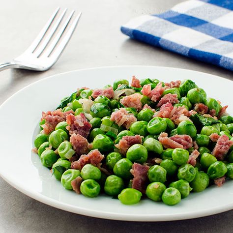 Kitchen Riffs: Sautéed Peas with Prosciutto (or Pancetta) Sautéed Peas, Peas And Prosciutto, Recipe For 1, Italian Side, Spring Vegetables, Roasted Meat, Veggie Side Dishes, Green Peas, Light Lunch