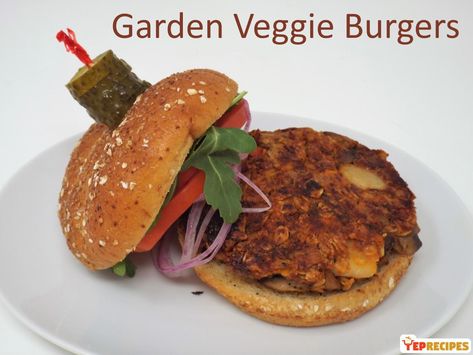 Homemade garden burgers with beans, oats, water chestnuts, and plenty of vegetables. #yeprecipes #recipe #burger #veggieburger #vegetarian Garden Burger, Oats Water, Homemade Garden, Veggie Burgers Recipe, Water Chestnuts, Veggie Burgers, Vegan Beans, Vegan Main Dishes, Vegetarian Meals