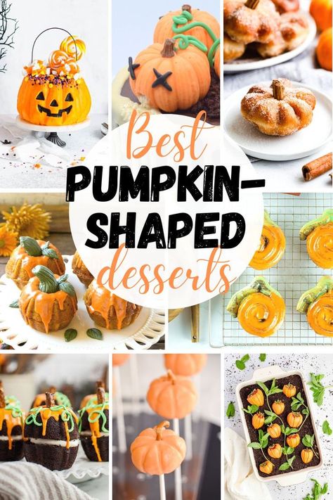 a collage of the best pumpkin-shaped dessert recipes Pumpkin Design Ideas, Thanksgiving Desserts Pumpkin, Homemade Recipes Dessert, Sweet Pumpkin, Sweet Snacks Recipes, Best Pumpkin, Thanksgiving Desserts, Sweet Delights, Halloween Desserts