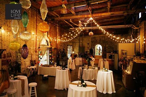 Cocktail Style Setup at a Glass Blowing Studio Pub Wedding Reception, Wedding Day Timeline Template, Cocktail Party Decor, Timeline Wedding, Cocktail Wedding Reception, Pub Wedding, Wedding Reception Food, Steampunk Wedding, Studio Gallery