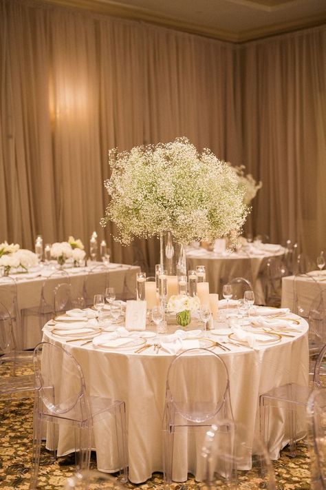 Tall Round Table, Wedding Save Money, Flowers Baby Breath, Bridal Table Flowers, Ranunculus Centerpiece, White And Gold Flowers, Round Table Centerpiece, Baby's Breath Wedding, Round Wedding Tables