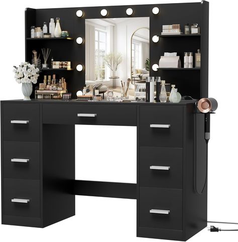 Amazon.com: Furmax Vanity Desk with Mirror, LED Lights and Power Outlet Makeup Vanity Table with 7 Drawers and 6 Storage Shelves Dressing Table for Bedroom Dressing Room (Black) : Home & Kitchen Mirror Led Lights, Vanity Desk With Mirror, Desk With Mirror, Dressing Table With Drawers, Makeup Vanity Table, Makeup Dressing Table, Clear Mirror, Mirrored Vanity Desk, Vanity Benches