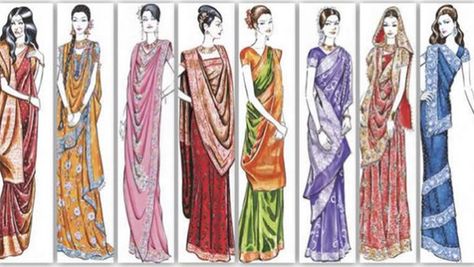 There are more than 80 recorded ways to wear a sari. The most common style is for the sari to be wrapped around the waist, with the loose end of the drape to be worn over the shoulder, baring the m… Sari Draping Styles, Saree Draping Styles, Saree Draping, Draping Fashion, Indian Inspired, Elegant Saree, Traditional Sarees, India Fashion, Bollywood Saree