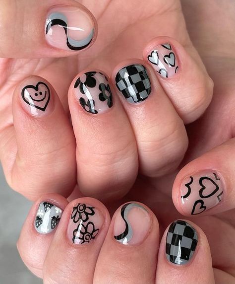 Nail Designs For Short Short Nails, Cute Painted Nail Ideas, Pop Punk Nails, Extra Short Nail Designs, Short Black Nail Designs, Masculine Nail Designs, Painted Nail Designs, Silly Nails, Doodle Nails