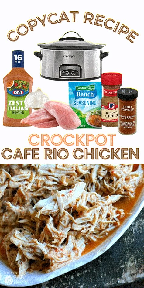 Chicken For Burritos, Copycat Cafe Rio Chicken, Cafe Rio Shredded Chicken, Copycat Cafe Rio, Cafe Rio Recipes, Cafe Rio Chicken, Recipe For Tacos, Crockpot Shredded Chicken, Shredded Chicken Recipe