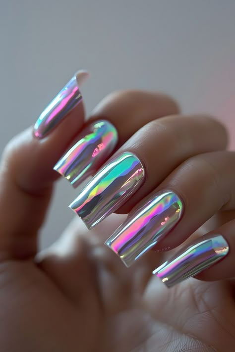 Chrome Long Nails, Simple Prom Nails, Holographic Nail Designs, Ombre Chrome Nails, Bow Nail Designs, Blue Chrome Nails, Pink Chrome Nails, Space Nails, Chrome Nails Designs