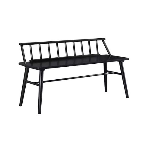 The Black Wood Low Back Spindle Bench exudes transitional style and classic simplicity. The spindle back and angled legs nod to mid-century modern influences. Spindle Bench, Wood Silhouette, Bench With Back, Farmhouse Bench, Entry Bench, Long Bench, End Of Bed Bench, Entryway Hallway, Bedroom Bench