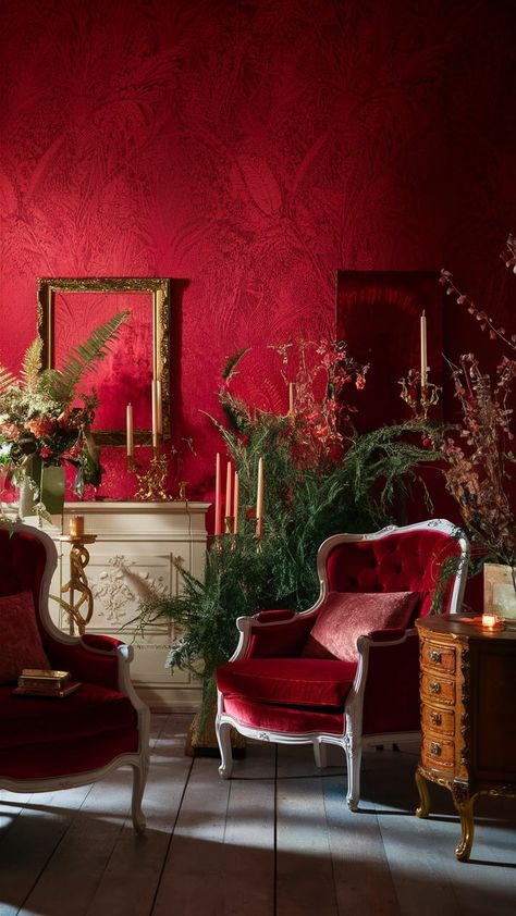 Step into a world of elegance with this stunning red wallpaper aesthetic. Intricate floral patterns and rich textures create a warm ambiance, enhanced by vintage furniture and delicate decor. A plush velvet chair invites relaxation, while gold-framed artwork and fragrant candles add charm. Lush greenery brings a refreshing touch, making this interior both inviting and captivating. #InteriorDesign #HomeDecor #RedWallpaper #Aesthetic Redwallpaper Aesthetic, Studio Background Ideas, Toad House, Red Dining Room, Black Living, Aesthetic Interior, I See Red, Fragrant Candles, Black Living Room