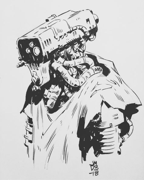 Robot, James Daly on ArtStation at https://www.artstation.com/artwork/QzrbA8 Robot Sketch, Cyborgs Art, Arte Robot, Japon Illustration, Arte Cyberpunk, Robot Concept, Cyberpunk Character, Robots Concept, Science Fiction Art