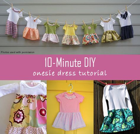 Turn any baby onesie into an adorable dress in 10 minutes and basic sewing skills! Diy Onesie, Sew Baby, Onesie Dress, Dress Tutorial, Baby Activity, Basic Sewing, Diy Vetement, Dress Tutorials, Sewing Projects For Beginners