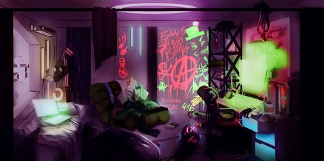 ArtStation - Concept Room (Cyber Punk Hacker), Nayara Glei Punk Rooms, Concept Art Room, Cyberpunk Rooms, Punk Room Decor, Hacker Room, Cyberpunk Hacker, Room Concept Art, Cyberpunk Bedroom, Punk Bedroom