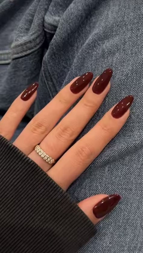 Plain Burgundy Nails, Dark Brown Red Nails, Oval Burgundy Nails, Mehroon Nail Extensions, Wine Red Nails Almond, Dark Red Aura Nails, February March Nails, Dark Red Nails With Design, Downtown Nails