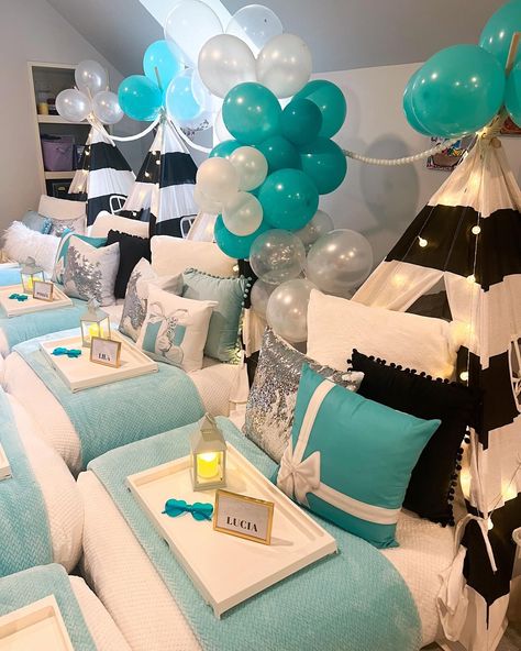 Tiffany And Co Birthday Party Ideas, Breakfast At Tiffany’s Party, Tiffany Breakfast Party, Breakfast At Tiffany’s Birthday, Breakfast At Tiffany’s 1st Birthday, Spa Night Party, Tiffany’s Sweet 16, Breakfast At Tiffany’s Balloon Arch, Adult Slumber Party