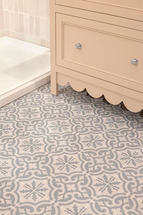 The Fiorella collection of patterned decorative tiles offer an elegant and charming decorative tile perfect for kitchens, bathrooms, hallways and entrances alike. In a classic square tile, the Fiorella Duck Egg patterned tile has a traditional pattern in off white and soft blue tones. Rectified: No (see installation information for further details) R Rating: R10 Variation: V1 Low variation Pattern Repeat: 1 tile Tiles Per Box: 30 tiles  PEI Rating: 3 Composition: Porcelain Recycled Content: Mini Bathroom With Patterned Tile Floor, Elegant Floor Tiles, Bathroom Floor Pattern, Small Bathroom Flooring, Laundry Room Tile Floor, Patterned Bathroom Tile, Tiles Hallway, Elegant Tile Flooring, Moroccan Style Bathroom