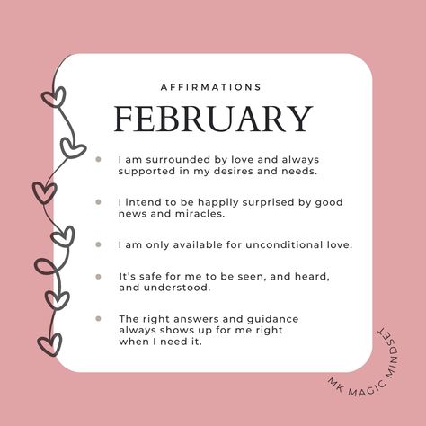 Here are some affirmations to play around with this month. Let me know which one resonates with you most. #mkmagicmindset #affirmationsoftheday #affirmationoftheday #monthlyaffirmation #affirmationpositive #positiveaffirmations February Positive Affirmations, February Affirmations, New Month Affirmations, Month Affirmations, Monthly Affirmations, February Quotes, Affirmations Confidence, Love Month, Month Of Love