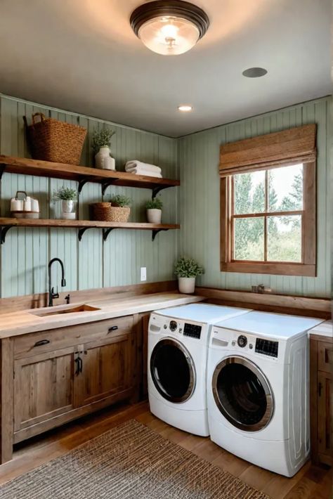 Warm and inviting laundry room with beige and sage green color scheme Hacienda Style Laundry Room, Laundry Room With Wood Cabinets, Sage Green Laundry Room Ideas, Laundry Room Color Palette, Laundry Room Ideas Green, Laundry Room Colors Paint, Sage Green Laundry Room, Cottagecore Laundry Room, Laundry Room Green