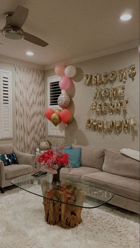 Welcome home decoration Newborn Decoration Welcome, Welcome Home Bedroom Surprise, Welcome Back Surprise Ideas, Welcome Back Decorations Home, Welcome Home Newlyweds, Welcome Home Balloons Ideas, Welcome Home Decorations Ideas Party, Newborn Welcome Home Decoration, Welcome Home Gift Ideas